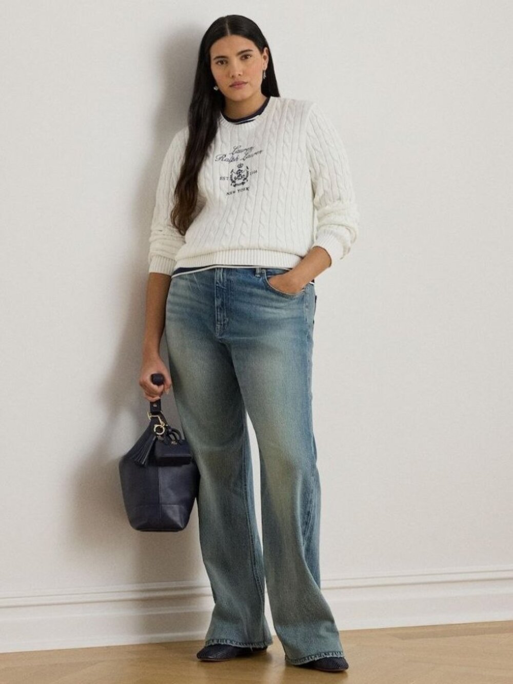 $289 Lauren Ralph Lauren Women's Embroidered-Crest Cable -Knit Sweater White 1X